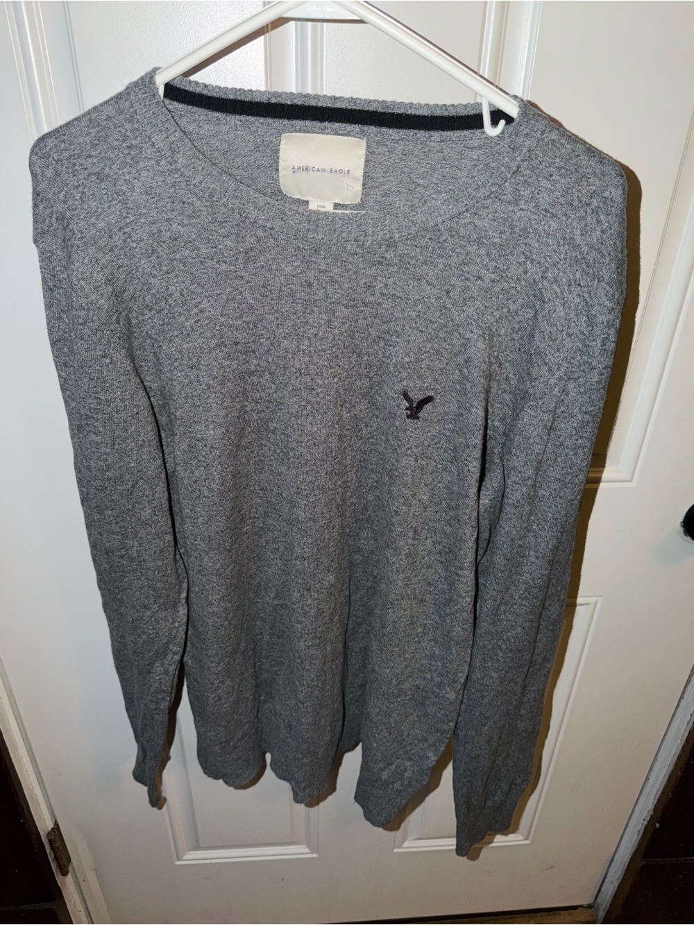 American Eagle Men's Gray Solid Knit Crew Neck Logo Pullover Sweater L